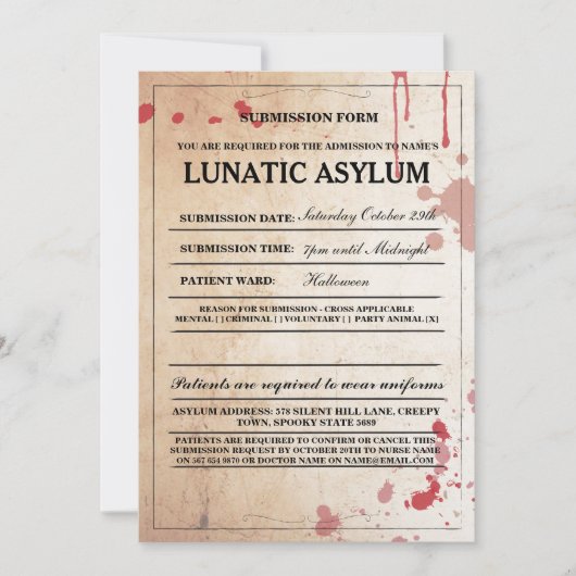 Lunatic Asylum Form Halloween Party Invite Kaart (Voorkant)