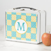 Lunch Box à damiers Amour en Turquoise, Jaune et Blanc (En situation)