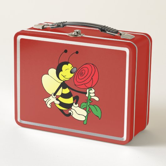 Lunch Box Abeille à kornets noire et jaune avec une rose rou (Devant)