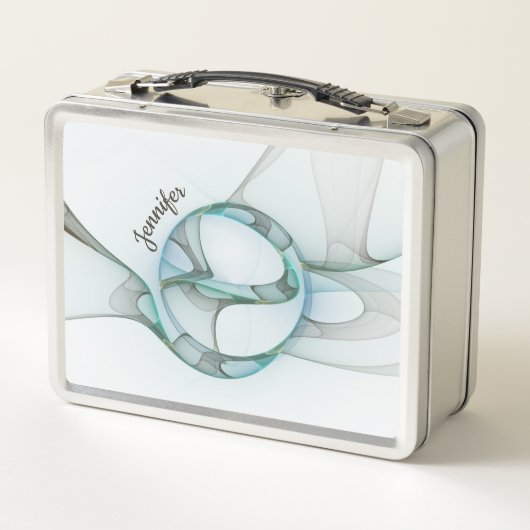 Lunch Box Abstrait moderne Fractal Blue Turquoise Grey Nom (Dos)