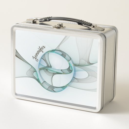 Lunch Box Abstrait moderne Fractal Blue Turquoise Grey Nom (Devant)