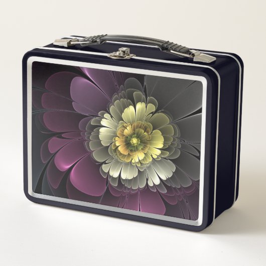 Lunch Box Abstrait Purpur moderne Khaki Gris Fleur fractale  (Devant)
