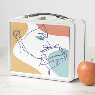 Lunch Box affiche de dessin au trait de femme buvant du café