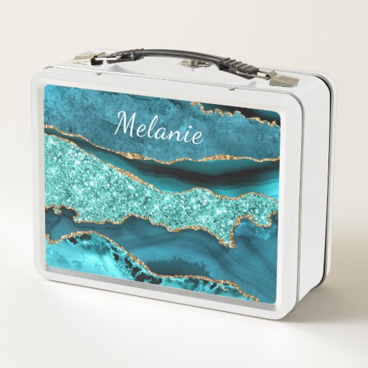 Lunch Box Agate Turquoise Bleu Marbre Or Turquoise Nom perso (Dos)