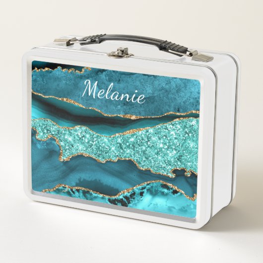 Lunch Box Agate Turquoise Bleu Marbre Or Turquoise Nom perso (Devant)