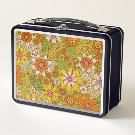 Lunch Box Années 1960, 1970 Vert & Orange Retro Floral (Devant)