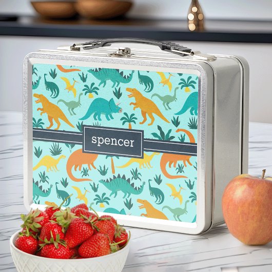 Lunch Box Aqua | Nom d'enfant Motif de dinosaures colorés