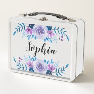 Lunch Box Aquarelle bleu pourpre Courbe florale Texte person