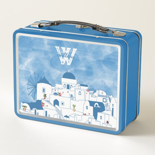 Lunch Box Aquarelle bleue et blanche Santorin Grèce Monogram (Dos)