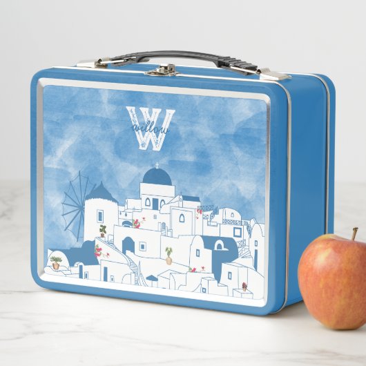 Lunch Box Aquarelle bleue et blanche Santorin Grèce Monogram (En situation)