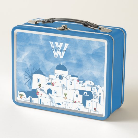 Lunch Box Aquarelle bleue et blanche Santorin Grèce Monogram (Devant)