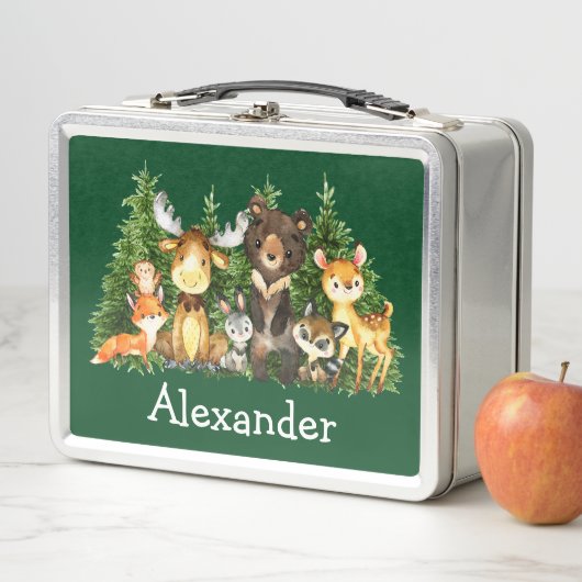 Lunch Box Aquarelle Bois Forêt Animaux Arbres Vert (En situation)