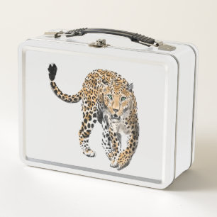 Lunch Box aquarelle léopard jungle chat animal peint vert