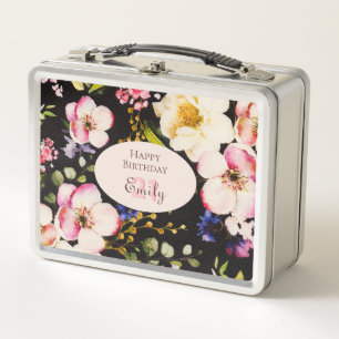 Lunch Box Aquarelle Roses rose et jaune sur Noir, Anniversai