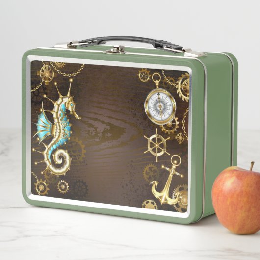 Lunch Box Arrière - plan en bois avec cheval de mer mécaniqu (En situation)