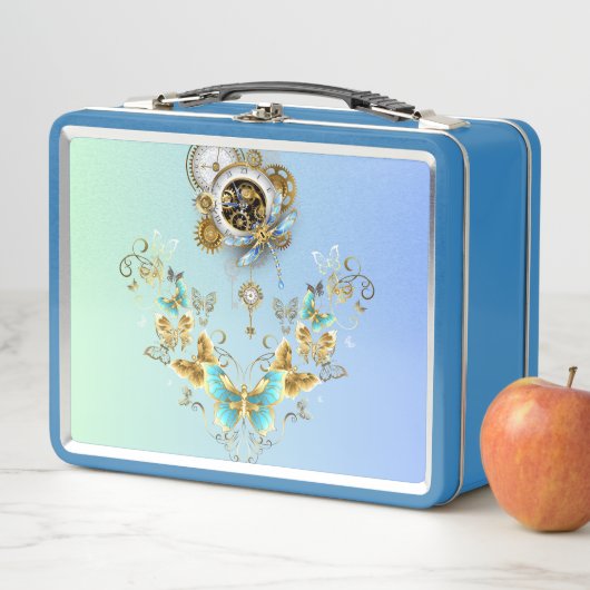 Lunch Box Art Steampunk turquoise, Graphisme mécanique Vinta (En situation)