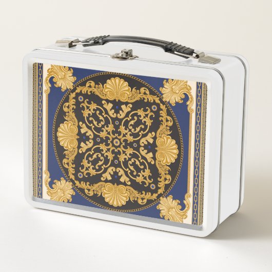 Lunch Box Bandana Print : Black Blue Gold. (Devant)