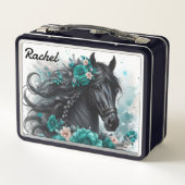 Lunch Box Beau cheval noir avec fleurs sarcelle (Dos)