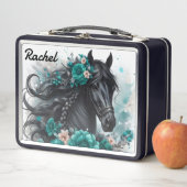 Lunch Box Beau cheval noir avec fleurs sarcelle (En situation)
