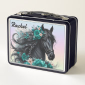 Lunch Box Beau cheval noir avec fleurs sarcelle (Dos)