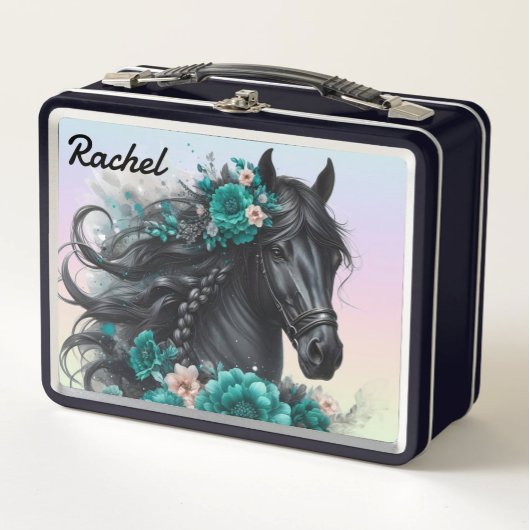 Lunch Box Beau cheval noir avec fleurs sarcelle