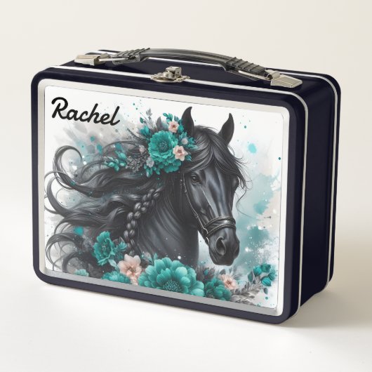 Lunch Box Beau Cheval Noir avec Fleurs Turquoises (Devant)