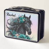 Lunch Box Beau Cheval Noir avec Fleurs Turquoises (Devant)