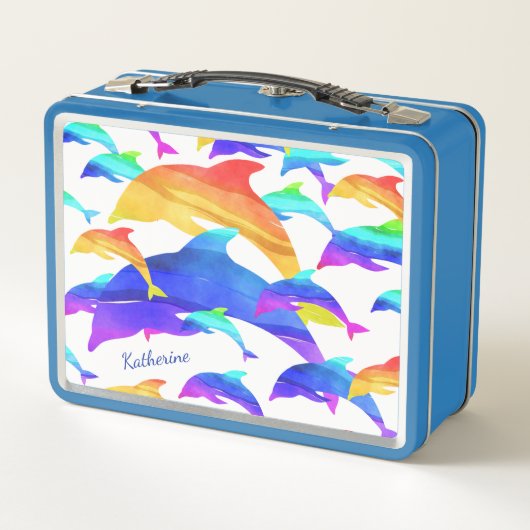 Lunch Box Beaux dauphins en arc-en-ciel avec prénom (Dos)