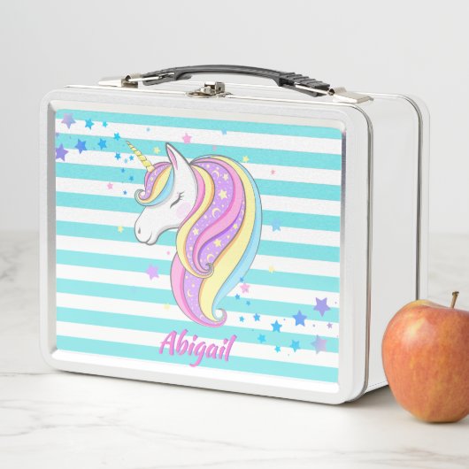 Lunch Box Belle Unicorne Holographique Étoiles Aqua Stripes (En situation)