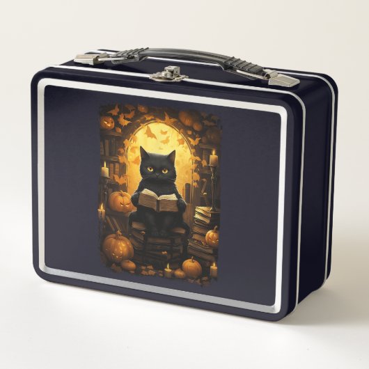 Lunch Box Black Cat Lecture Livres Citrouille Automne Enseig (Devant)