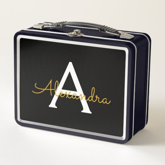Lunch Box Black Gold Modern Script Girl Monogramme Nom (Devant)