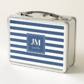 Lunch Box Bleu et blanc Rayures nautiques Monogramme (Dos)