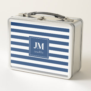 Lunch Box Bleu et blanc Rayures nautiques Monogramme