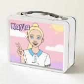 Lunch Box Blonde Cartoon Girl Pastel Pink School Student (Dos)