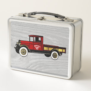 Lunch Box Camion rouge vintage sur le motif en bois
