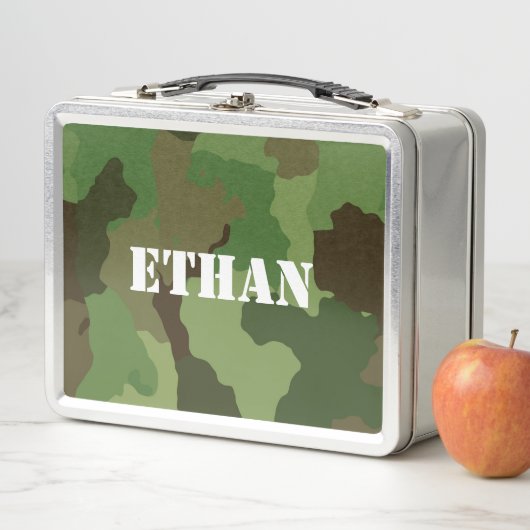 Lunch Box Camouflage Brown vert de style militaire Nom blanc (En situation)