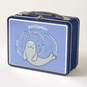 Lunch Box Caricature joyeux de phoque et de poisson bleu