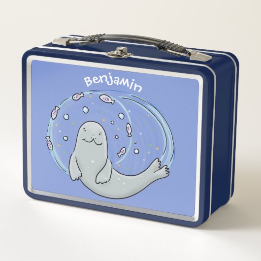 Lunch Box Caricature joyeux de phoque et de poisson bleu (Devant)