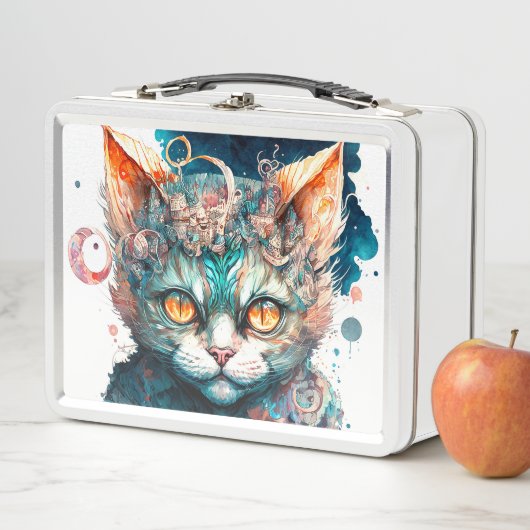 Lunch Box Chat aquarelle en style steampunk (En situation)