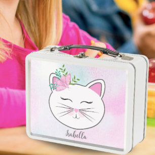 Lunch Box Chat avec papillon rose personnalisé