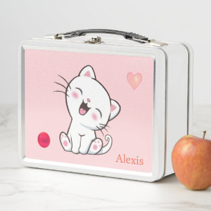 Lunch Box Chat blanc mignon et coeur sur rose clair