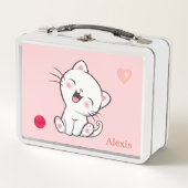 Lunch Box Chat blanc mignon et coeur sur rose clair (Devant)