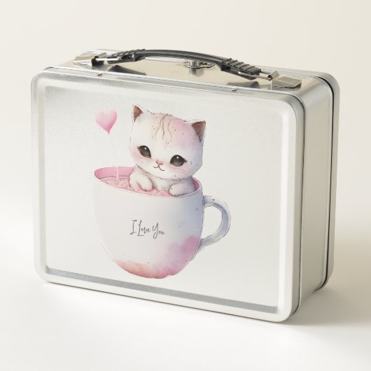 Lunch Box Chat blanc-rose mignonne dans une tasse de thé (4) (Dos)