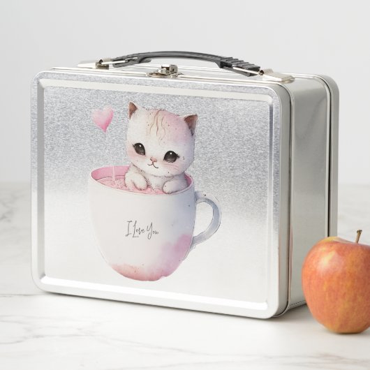 Lunch Box Chat blanc-rose mignonne dans une tasse de thé (4) (En situation)