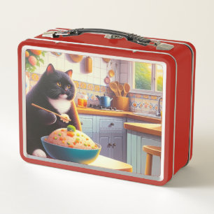 Lunch Box Chat manger du riz frit dans une cuisine Boîte à l