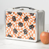 Lunch Box Chat noir rétro Motif chèque orange (En situation)