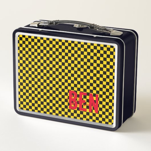 Lunch Box Checkerboard Black Gold School Kids NOM Fun (Dos)