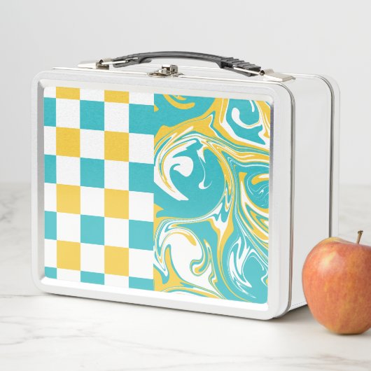 Lunch Box Chèques et permules en Turquoise, Jaune et Blanc (En situation)