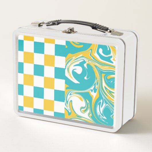 Lunch Box Chèques et permules en Turquoise, Jaune et Blanc (Devant)