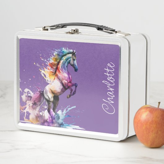 Lunch Box Cheval arc-en-ciel rose et violet personnalisé (En situation)